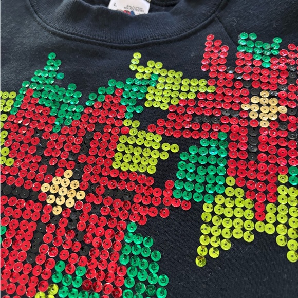 Vintage Crewneck Christmas Poinsettia Sequin Sweatshirt Black Size L - Picture 2 of 7